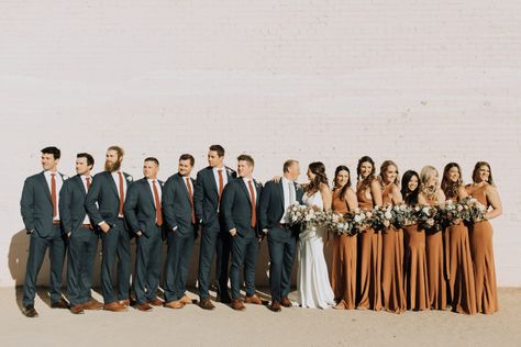 Phoenix Fall Wedding at The Icehouse - arraydesignaz.com Groomsman Terracotta, Terracotta Bridesmaid Dress With Groomsmen, Terrocata Color Palette Wedding, Wedding Party Attire Color Schemes Fall, Terracotta Bridesmaid Dresses With Groomsmen, Terracotta Wedding Groomsmen Attire, Terracotta Ties Groomsmen, Burnt Orange Tie Groomsmen, Terrocata Bridesmaid Dress