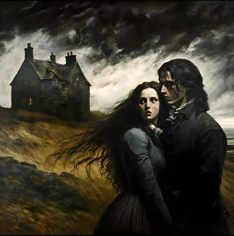 Wuthering Heights Illustration, Wuthering Heights Painting, Study In Drowing Book, Dark Romantic Painting, Wuthering Heights Characters, Bronte Sisters Aesthetic, Historical Fiction Aesthetic, Wuthering Heights Fanart, Wuthering Heights Art