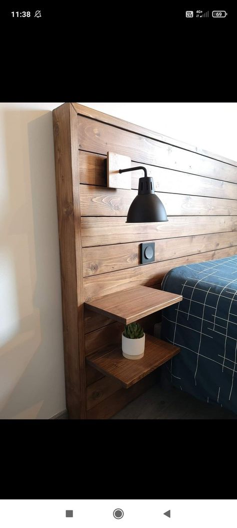 Shiplap Headboard Wall With Floating Nightstand Shelves, Floating Headboard And Nightstand, Homemade Headboards With Shelves, Headboard For Floating Bed, Wall Headboard Ideas Diy Wood, Diy Double Headboard, Built In Headboard Wall Wood, King Headboard With Shelves, Rustic Headboard With Lights