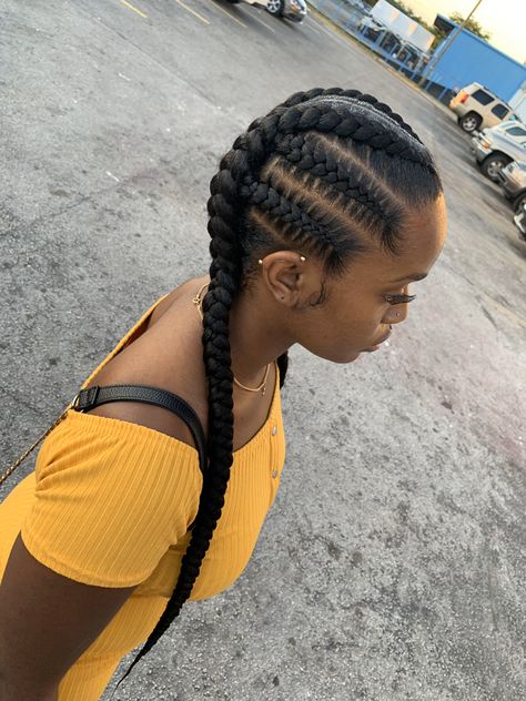 Two Feeder Braids Hairstyles, Double Feed In Braids, Corn Row Braids With Extensions, Large Feed In Braids Hairstyles, Feed In Pigtail Braids, 8 Straight Back Feed In Braids Into Bun, Two Braids Extensions, Easy Braiding Styles For Black Women, Large Feed In Braids Cornrows