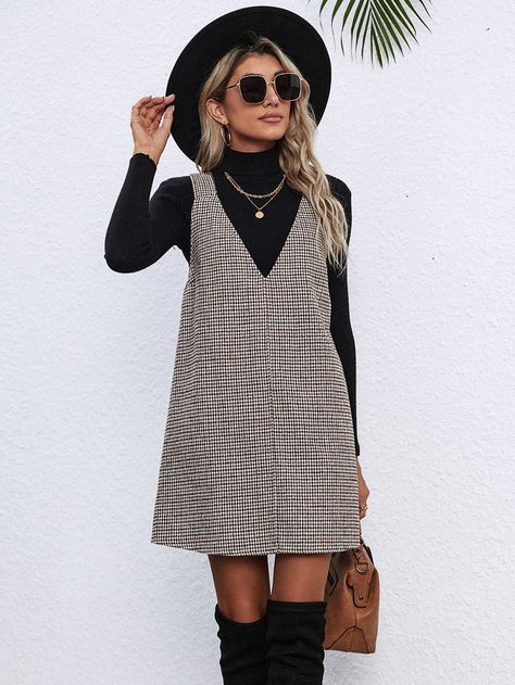 Layering Over A Dress Outfit Ideas, Tweed Jumper Dress, Plaid Jumper Dress Outfit, Shirt Underneath Dress, Checkered Dress Outfit Winter, Plaid Dress With Shirt Underneath, Dress Over Long Sleeve Shirt, Turtleneck Under Dress Outfit, Dress Jumper Outfit