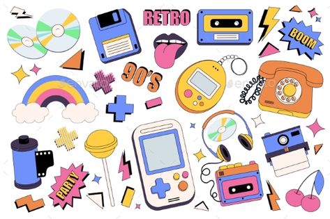 90s Retro Elements Vector Set 90s Illustration Retro, Flat Style Illustration, 90s Design Graphic, 90s Elements, 90s Illustration, 90s Graphic Design, 90s Items, Game Font, Retro Elements