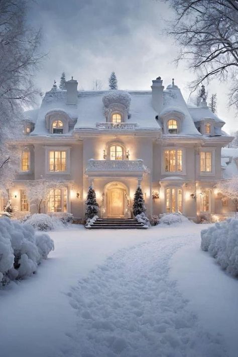 Christmas Mansion Exterior, Winter House Aesthetic, Mantle Aesthetic, Cozy Mansion, Houses In Snow, Cozy Winter House, Christmas House Exterior, Mansion Christmas, Snow Houses