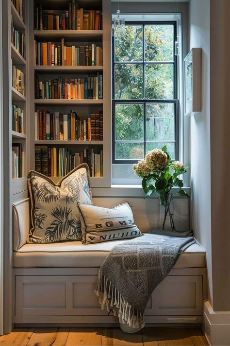 Book Shelf In Living Room Idea, Library Wall In Bedroom, Library Inspired Bedroom, Window Reading Nook Ideas, Library Nook Ideas Cozy Corner, Bookshelf Wall Bedroom, Modern Farmhouse Library, Tiny Book Nook, Home Library Corner