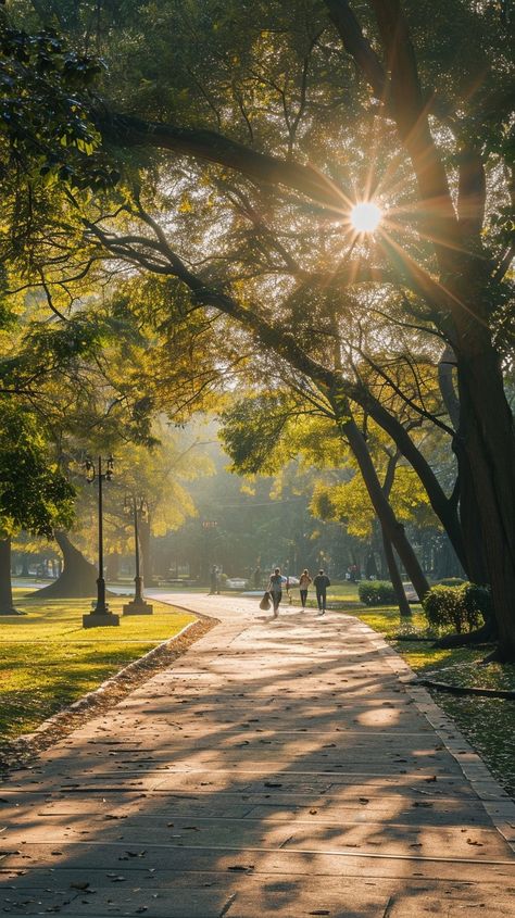 Sunlit Park Walk: A tranquil park bathed in sunlight, featuring a path lined with trees and early morning walkers. #sunlight #park #trees #morning #walking #path #nature #serene #aiart #aiphoto #stockcake https://ayr.app/l/C67L Nature, Walking Park Aesthetic, Walking Pictures Aesthetic, Outdoor Walks Aesthetic, Walk In Nature Aesthetic, Long Walks Aesthetic, Morning Walk Aesthetic, Tranquility Images, Morning Walks Aesthetic