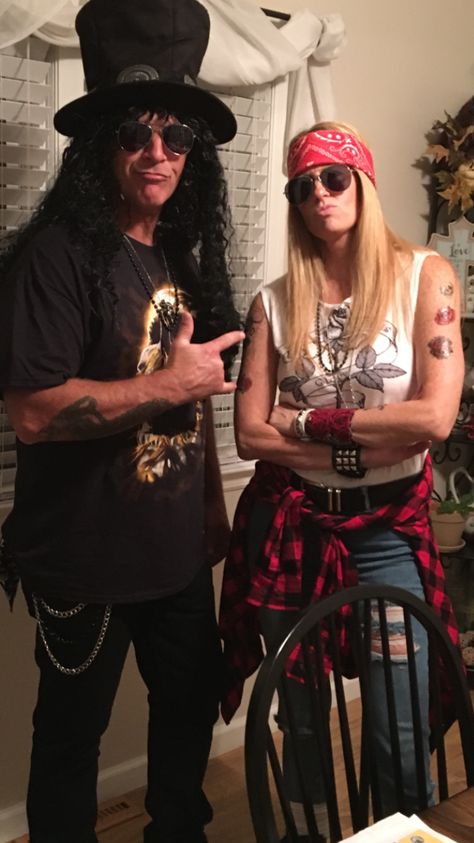 Axel Rose and Slash Halloween Costumes! Guns and Roses! 80s Band Costume Halloween, Halloween Costumes Rockstar, Slash Axl Rose Costume, Axel And Slash Costume, Axel Rose Costume, Axel Rose And Slash Costume, Axel Rose And Slash, Axl Rose And Slash Costume Halloween Couples, All Rose And Slash Costume