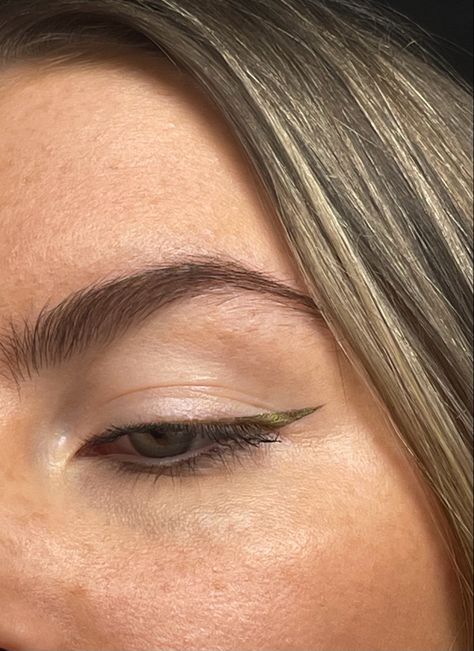 no filter, real skin. green eyeliner and a sharp wing. #makeup #green #wing #eyeliner #realskin #skin #aesthetic #eyebrows #brows #sleek #sharp Olive Green Eyeliner, Khaki Eyeliner, Sage Green Eyeliner, Green Liquid Eyeliner, Brown Eyeliner Pencil, Brown Liquid Eyeliner, Pmd Beauty, Green Eyeliner, Frank Body