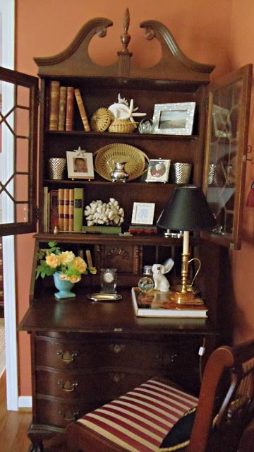 Staging A Secretary Desk, Secretary Decorating Ideas, Decorating Secretary Desk, Antique Secretary Desk Decor, Styling A Secretary Desk, Antique Secretary Desk Styling, Secretary Desk Decor Ideas, Secretary Desk Styling, Secretary Desk Ideas