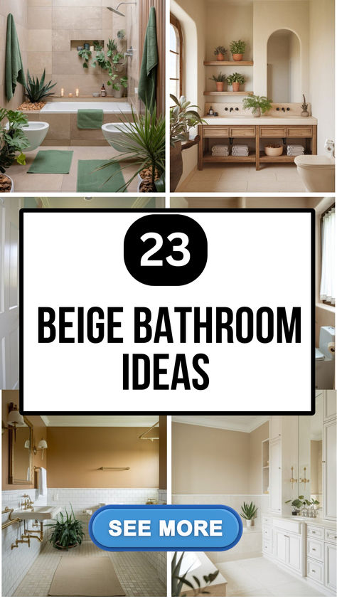 A collage of neutral beige-themed bathroom decor with natural materials, earthy tones, minimalist styling, and cozy ambiance for a timeless and calming space. Beige Marble Bathroom, Beige Bathrooms, Beige Marble Tile, Bathroom Ideas Beige, Bamboo Bath Mats, Beige Bathroom Ideas, Serene Bathroom, Marble Showers, Beige Bathroom