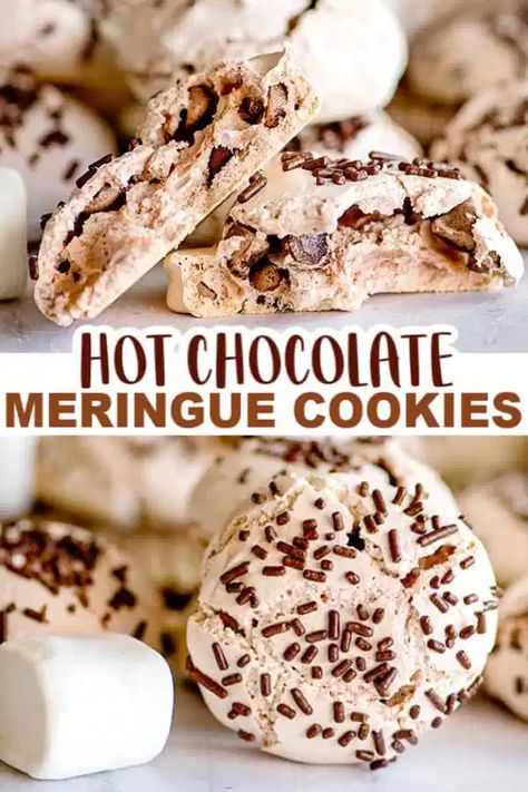 Hot Chocolate Meringue Cookies - Hot Cocoa Meringue Cookies are hot chocolate flavored meringue cookies that are light, airy and sweet as can be. There are chocolate chips folded into the meringue cookies that make the perfect chocolate pockets in the cookies. For a finishing touch, top them with chocolate sprinkles and mallow bits. Whip these up for a weeknight dessert, for a party, or any other occasion. #cookiedoughandovenmitt Monster Meringues, Strawberry Sweet Rolls, Merengue Cookies, Chocolate Meringue Cookies, Meringue Cookie, Sugary Treats, Meringue Cookie Recipe, Meringue Desserts, Smore Recipes