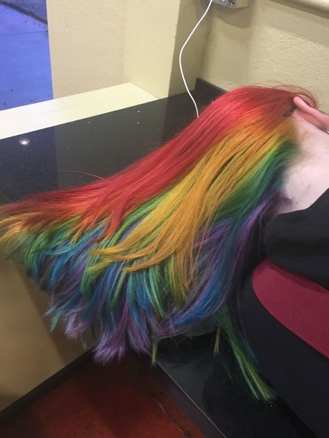 Dyed Hair Inspiration Unique, Rain Bow Hair, Rainbow Wolfcut, Brown And Rainbow Hair, Long Rainbow Hair, Rainbow Hair Color Ideas For Short Hair, Muted Rainbow Hair, Rainbow Hair Aesthetic, Peekaboo Rainbow Hair