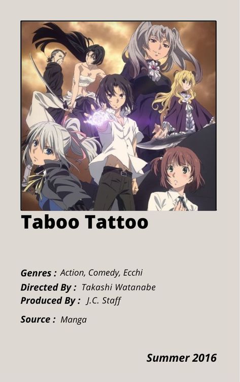 Taboo Tattoo Anime, Tanaka Haikyuu, Taboo Tattoo, Anime Suggestions, Anime List, Good Anime Series, Anime Drawing Books, Animes To Watch, Poster Anime