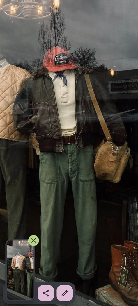 Green Pants Man Outfit, Mens Fall Work Outfits, True Vintage Outfits, Og 107 Pants Outfit, Vintage Outfits Men Winter, Italian Men’s Fashion, Brown Suede Jacket Outfit Men, Vintage Western Photography, Outdoorsy Outfits Men