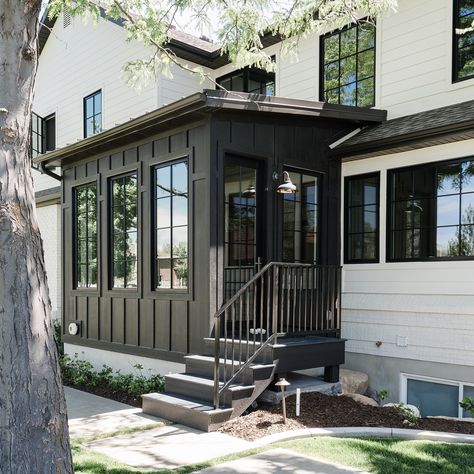 Clients exterior home lacked character. Interior lacked kitchen space. Our sunroom breakfast nook addition in Dungan Black was much needed. Swipe for before and after 👉🏻 📷 @travisj_photo @dedeschroeder 🔨 @tythebuilder1 #meaganraeinteriors #interiordesign #beforeandafter #addition #remodel #exteriordesign #exterior #windows #kitchen Mudroom Addition, Sunroom Decorating, Entry Design, Farmhouse Windows, Modern Farmhouse Exterior, Casa Exterior, Farmhouse Exterior, Dream House Exterior, Screened Porch