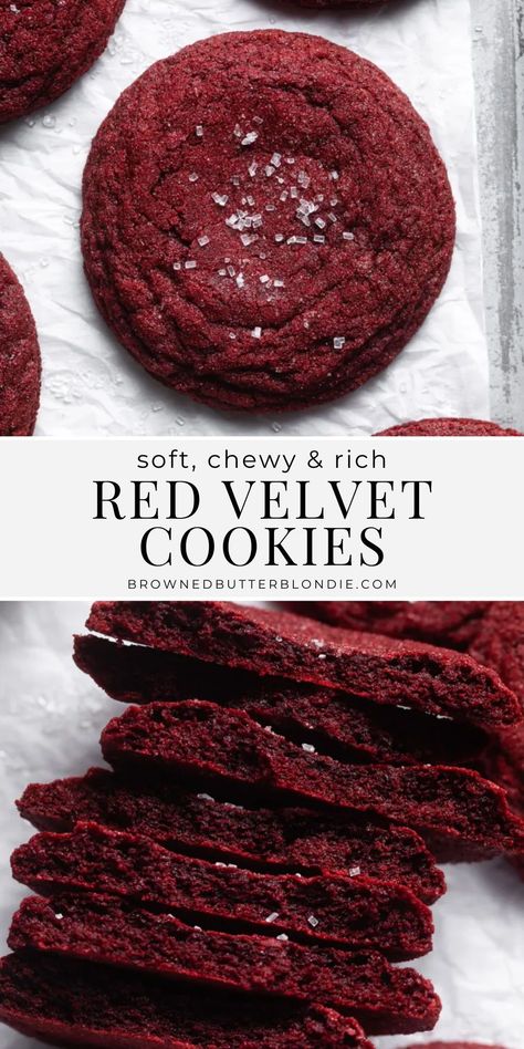 These red velvet cookies have all the delicious flavor of your favorite red velvet cake recipe but are much faster to make. With their soft and chewy texture and rich, fudgy flavor, it’s love at first bite! | Browned Butter Blondie Sourdough Red Velvet Cookies, Redvelvet Cookies Recipe, Red Velvet Cookies Recipes, Best Red Velvet Cookies, Red Velvet Cookies Recipe, Red Velvet Recipe, Red Velvet Cake Cookies, Red Cookies, Red Velvet Cookie Recipe