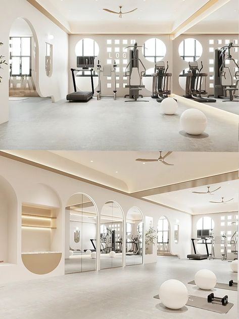 Private Fitness Studio, Ballet Studio Design Interior, Female Gym Design, Personal Training Studio Design Ideas, Feminine Home Gym Ideas, Ladies Only Gym Interior, Gym For Women Design, Female Only Gym Design, Women Gym Interior Design