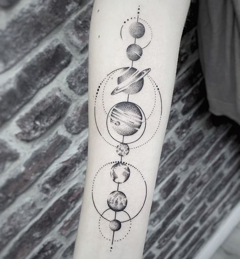 Planet Alignment Tattoo, Planets Aligned Tattoo, Space Shoulder Tattoo, Thigh Hip Tattoo, Small Colorful Tattoos, Meaning Tattoos, Solar System Tattoo, Planets Aligned, Cross Tattoos For Women