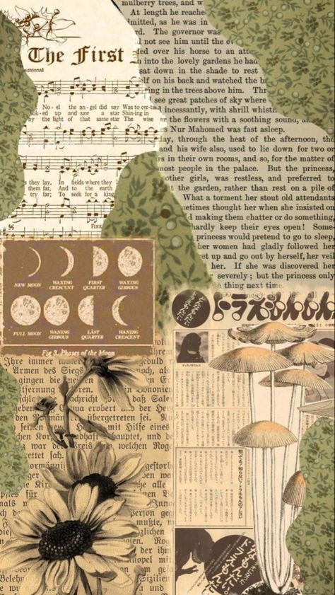 Wallpapers Vintage Homescreen, Vintage Cottagecore Prints, Gremlincore Background, Cottagecore Homescreen Wallpaper, Cottagecore Posters Aesthetic, Herbology Wallpaper Aesthetic, Cottage Core Aesthetic Collage, Fairycore Aesthetic Collage, Mushroom Collage Wallpaper