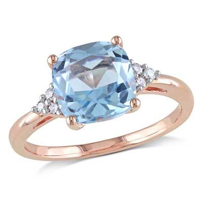 8.0mm Cushion-Cut Sky Blue Topaz and Diamond Accent Ring in 10K Rose Gold Sky Blue Topaz Engagement Ring, Rose Gold Band Ring, Pink Gold Rings, Gold Skies, Rings Blue, Blue Topaz Engagement Ring, Blue Topaz Jewelry, Diamond Accent Ring, Engagement Rings Cushion