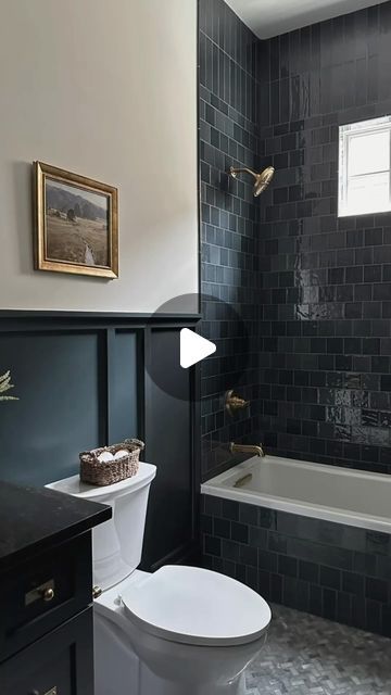 Bedrosians Tile on Instagram: "Elevate your space with the striking beauty of a dark blue shower, where deep, bold tones bring a refined and contemporary edge. 

Save up to 25% during our Labor Day Sale, online and in store with code LABORDAY24 

• Shower Tile: Marin 4x4 in Midnight Tide 

Designed by @kaitlynroseinteriors" Navy Bathroom Shower Tile, Dark Blue Tile Floor Bathroom, Bathroom Dark Tile Ideas, Black Shower Tile Bathroom, Dark Tiled Bathrooms, Navy Bathroom Tile, Navy Shower Tile, Navy Blue Shower Tile, Navy Blue Tile Bathroom