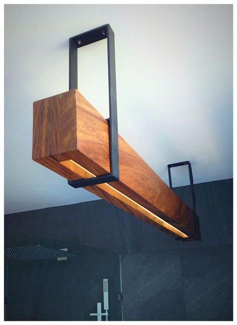 Amazing wood beam with LED lighting and metal fixing, perfect in a kitchen or living-room... Only for inspiration and DIY craft ideas... #kitchenlighting Woodworking Items That Sell, Metal Furniture Design, Wooden Light, Classroom Furniture, Diy Classroom, Tables Diy, Diy Sofa, Wooden Lamp, Farmhouse Lighting