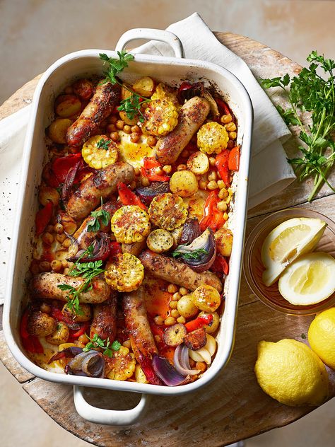 Healthy sausage traybake Healthy Chilli, Healthy Risotto, Easy Sausage Recipes, Tray Bake Recipes, Healthy Comfort Food, Healthy Gut, Sausage Recipes, Sausages, Healthy Chicken