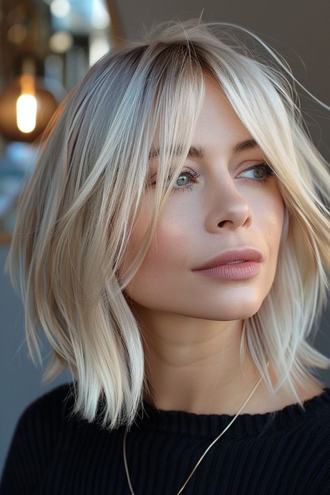 Blonde Curtain Bangs Round Face, Bobbed Hair With Fringe, Short Blonde Hair Bobs Bangs, Bob And Bangs Haircut, Cute Bobs For Thick Hair With Bangs, Fringe Bangs With Short Hair, Platinum Lob Haircut, Bobbed Hair With Bangs, Blonde Lob Bangs