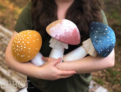 EPBOT: DIY Chonky Velvet Mushrooms: The Cheaper, Dollar Tree Way! Pom Pom Mushroom, Mushroom Umbrella Diy, Diy Mushrooms, How To Sew Mushrooms, Mushroom Pillow Diy, Velvet Mushrooms, Velvet Mushrooms Diy, Diy Velvet Mushrooms, Velvet Mushrooms Tutorial