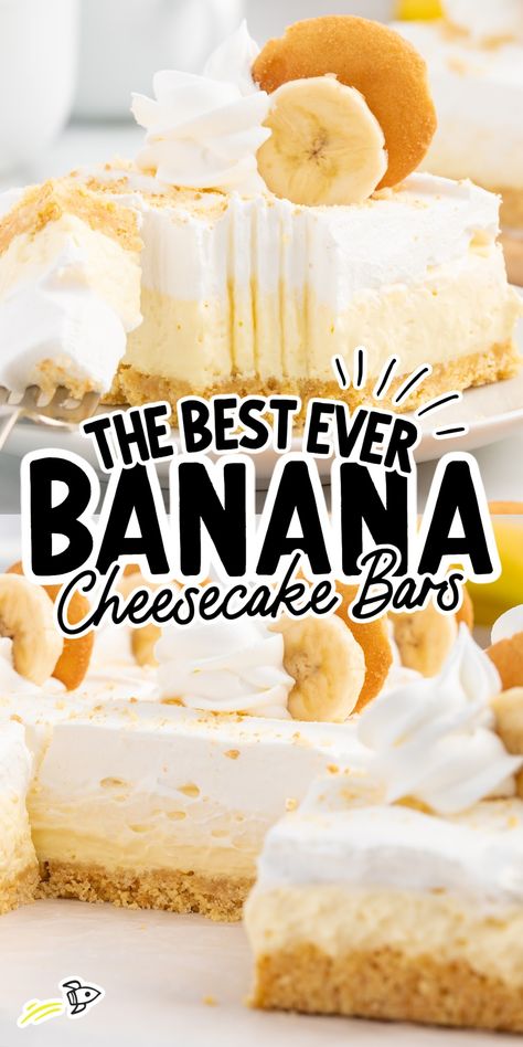 Banana Cream Cheesecake Bars My Incredible Recipes, Banana Cheesecake Squares, Banana Pudding Cheesecake Bars Recipe, Banana Pie Cheesecake, Banana Pudding Bars Recipe, Banana No Bake Cheesecake, Banana Pudding Cheesecake Bites, Banana Cheesecake Recipe No Bake, Easy Banana Pudding Cheesecake