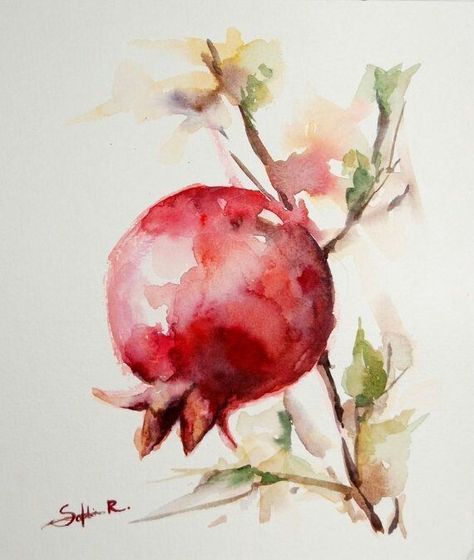 Textural Art, Botanical Inspiration, Pomegranate Art, Watercolor Fruit, Red Pomegranate, בר מצווה, Fruit Painting, Cat Air, 수채화 그림