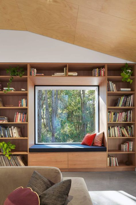 Compact pavilion house surrounded by dense Australian bushland Window Seat Design, Hidden House, Home Library Design, Large Window, Aesthetic Rooms, Home Library, Home Room Design, Window Seat, Design Case