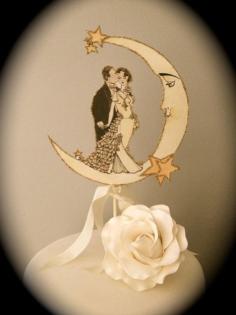 Art Deco Moon Wedding Cake Topper - Vintage Inspired - Featured in Brides Magazine - Outlined in Gold Glitter on Etsy, $28.00 Art Deco Wedding Cake Topper, Moon Wedding Cake, Gold Glitter Wedding Cake, Art Deco Moon, Diy Art Deco, Cake Topper Wedding Couple, Art Deco Wedding Cake, Gold Cake Topper Wedding, Art Deco Cake