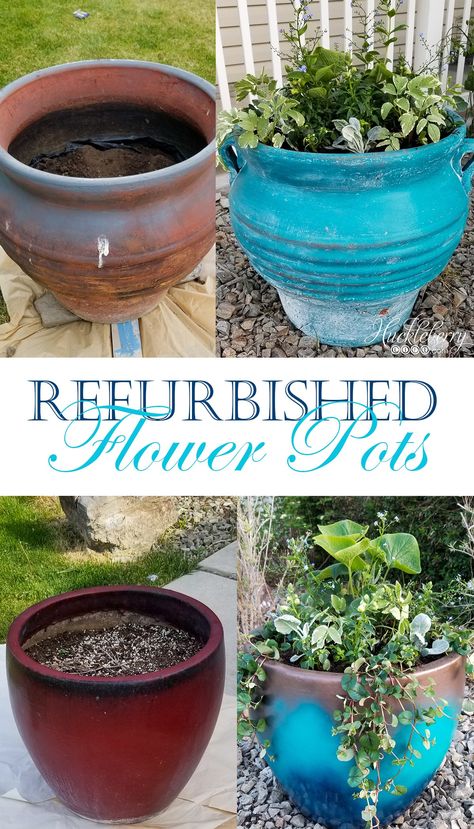 REFURBISHED Flower Pots Painting Garden Pots Ideas, Painting Flower Pots Outdoor, Spray Paint Flower Pots Outdoor Planters, Spray Paint Plant Pots, Spray Paint Flower Pots, Diy Outdoor Flower Pots, Painted Garden Pots Outdoor Planters, Painting Outdoor Pots, Spray Paint Pots Planters