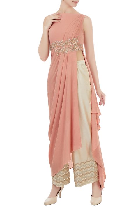 Shop Shruti Ranka - Rust pink draped style tunic with palazzo pants Latest Collection Available at Aza Fashions Couture, Party Dress Indian, Group Fashion, Lehnga Dress, Indo Western Dress, Indian Gowns, Dress Indian, Pink Round, Indian Designer Outfits