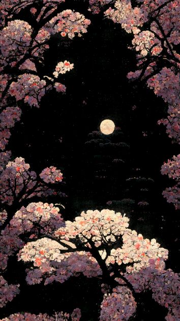 A painting of cherry blossoms trees in the moonlight, with an art style inspired by the Shin-Hanga movement, which originated in Japan. -- Choose from our vast selection of Crewneck and V-Neck T-Shirts to match with your favorite design to make the perfect graphic T-Shirt. Pick your favorite: Classic, Boxy, Tri-Blend, V-Neck, or Premium. Customize your color! For men and women. Cherry Blossom Wallpaper Desktop Hd, Dark Cherry Blossom Wallpaper, Cherry Blossom Drawing, Shin Hanga, Cherry Blossom Wallpaper, Iphone Dynamic Wallpaper, Cherry Blossom Trees, Flowers Graphic, Japanese Colors