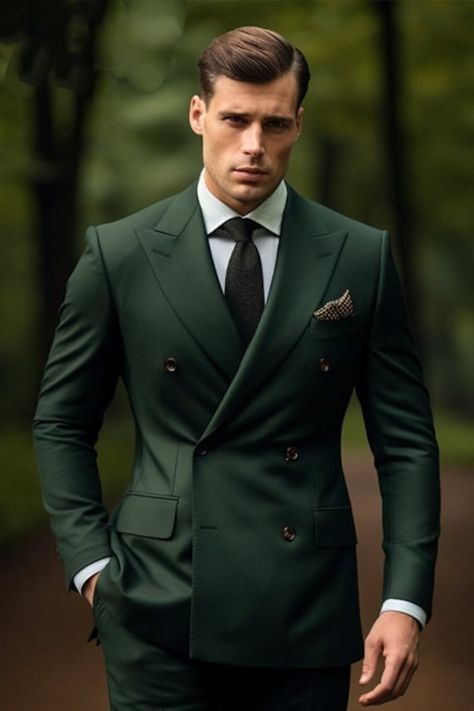 Man Green Suit- Classic Forest Green Double Breasted Suit for Men - Elegant Formal Attire- Tailored Suit Listing Include (Coat + Pant) Fabric :- Premium Color:-  Green Dry Clean Only The suit is for wedding, Party, Proms, and Etc Express Shipping to world-wide but Remote Area May Take Longer Little color variation may possible due to photography and lights Green Double Breasted Suit, Double Breasted Suit Men, Green Suit Men, Green Wedding Suit, Stylish Mens Suits, Suit For Men, Tailored Suit, Mens Formal Wear, Party Kleidung