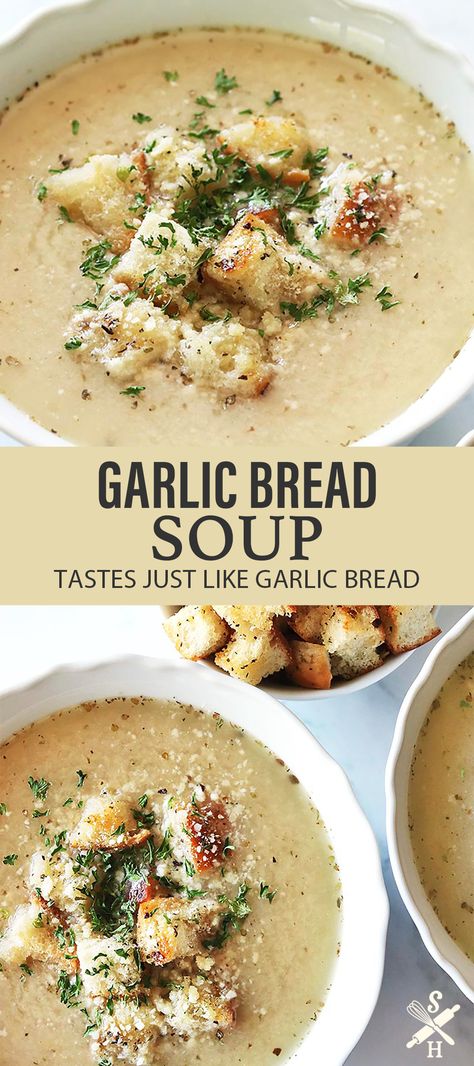 Garlic Bread Soup Recipe, Soups In Bread Bowls, Creamy Garlic Soup Recipe, Creamy Blended Soup Recipes, Garlic Onion Soup, Garlic Bread Soup, French Garlic Soup, Country French Garlic Soup, Garlic Soup Recipe