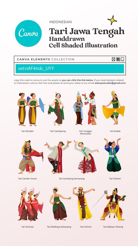 Tari Jawa Tengah Ilustrasi Handrawn elementramadan #canvaeducators #disneyincanva📓. Canva Free Elements, Indonesian Culture, Keyword Elements Canva, Desain Quilling, Indonesian Art, Canvas Learning, Infographic Illustration, Dance Poster, Canva Elements