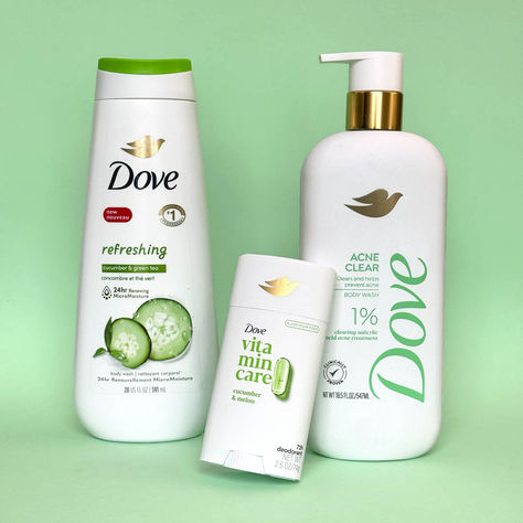 A bottle of Dove Mango & Almond Butters Body Wash sits against a pastel yellow background. There are cutouts of a sunflower, bikini top, shell, glass of orange juice and a shell bracelet positioned around the product, arranged in a scrapbook style Cucumber Deodorant, Cucumber Scent, Dove Deodorant, Dove Body Wash, Cucumber Melon, Fresh Fragrance, Hygiene Products, Grade 6, Clear Acne