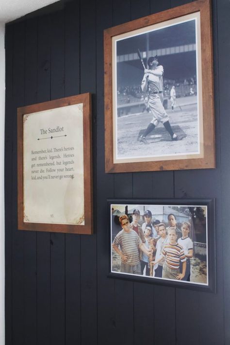 This vintage baseball-themed room with a Sandlot twist is the perfect combo of fun for the kids while also keeping it aesthetically pleasing. #baseballroom #sandlot Baseball Themed Playroom, Antique Baseball Decor, Sophisticated Sports Room, Sports Themed Bonus Room, Baseball Theme Office, Vintage Baseball Themed Bedroom, Teenage Baseball Room, Vintage Sport Theme Nursery, Classy Sports Bedroom