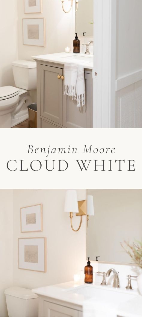 Neutral Powder Room, White Bathroom Paint Colors, Warm Neutral Bathroom, Off White Bathroom, White Bathroom Colors, Benjamin Moore Bathroom, Benjamin Moore Cloud White, Off White Paint Colors, White Bathroom Paint