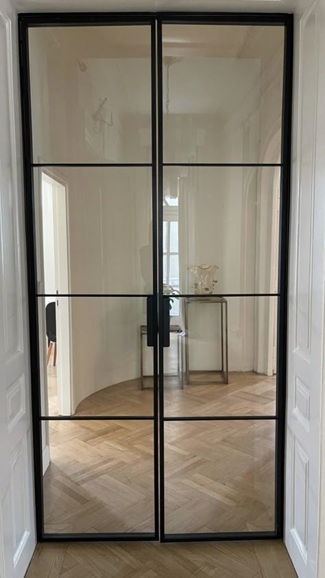 Glass Door To Office, Glass Doorway Interior, Iron And Glass Office Doors, Glass Door To Kitchen, Interior Crittal Doors, Glass Doors Black Frame, Black Framed Glass Doors, Interior Door Frame Ideas, Glass Door Interior Design