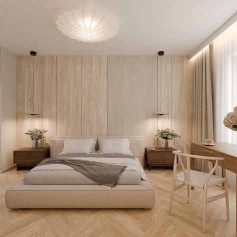 Explore a Scandinavian-inspired minimalist interior with cozy vibes, open floor plan, neutral tones, wooden accents, modern lighting, and understated luxury. Muji Bedroom Design, Muji Bedroom, Textured Feature Wall, Bed Window, Japandi Minimalist, Beige Bedroom, Minimalist Bedroom Design, Interior Minimalista, Hotel Bedroom