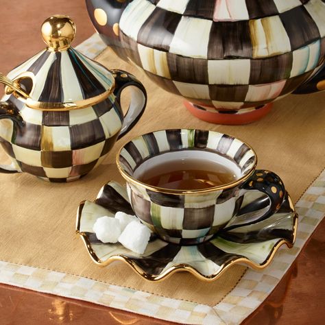 Two lumps of sugar or one?       #MacKenzieChilds #Tea #CourtlyCheck #AuroraNY Mackenzie Childs Inspired, Mckenzie And Childs, Courtly Check, Perfect Cup Of Tea, Tea For One, Chocolate Pots, Mackenzie Childs, Tea Service, Pop Up Shops