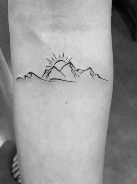 Small Outdoor Tattoo For Women, Arizona Mountain Tattoo, Wave And Mountain Tattoo Simple, Small Outdoor Tattoos, Mountain Ocean Sun Tattoo, Moonrise Tattoo, Mountain And Waves Tattoo, Small Mountain Tattoos For Women, Hills And Valleys Tattoo