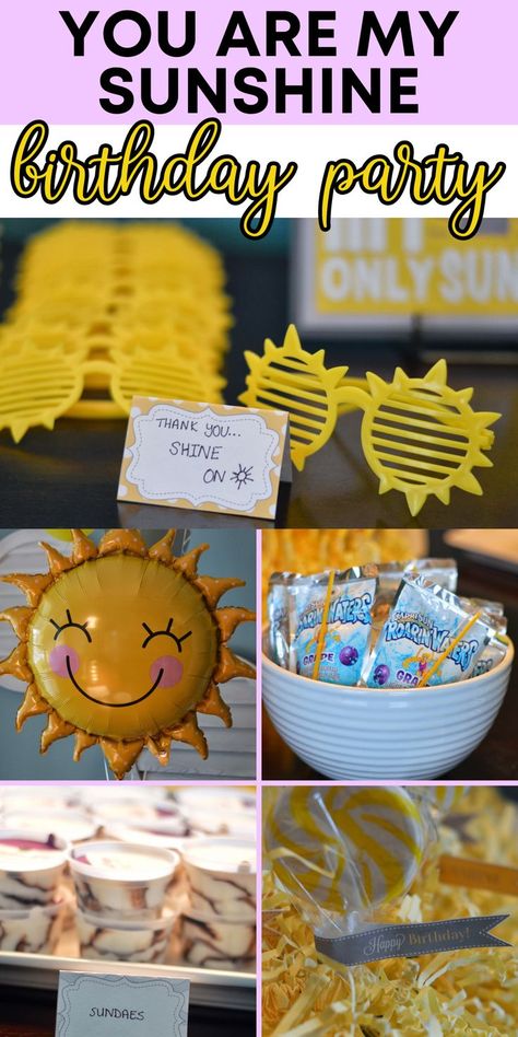 Sunshine Theme Party Decoration, Youre My Sunshine Party 1st Birthdays, Yellow 3rd Birthday Party, Sunshine Birthday Theme Food, Sunshine Birthday Food Ideas, Sunny Themed Birthday Party, Weather Party Decorations, You Are My Sunshine Food Ideas, Four Cast Is Bright And Sunny Party