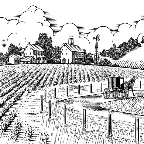 amish landscape paintings | Illustration of Farm House and Amish Buggy Farm Scenery, Amish Farm, Drawing Scenery, Barn Art, House Sketch, التصميم الخارجي للمنزل, Engraving Illustration, Farm Art, Charcoal Art