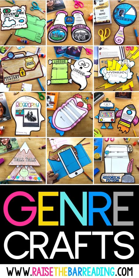 Teaching blog post on using genre crafts to teach genres in the upper elementary classroom Teaching Genre, Setting Up A Classroom, Raise The Bar Reading, Genre Activities, School Library Lessons, Elementary Librarian, Story Maps, Reading Genres, Library Lesson Plans