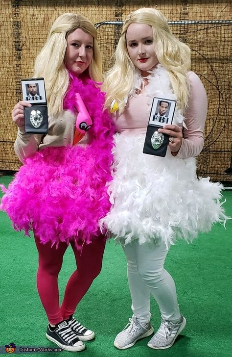 Payton: My friend KP and I got the idea from the movie white chicks. We bought boas with feathers and sewed them onto tutus. We bought wigs and drew on brownish... White Chicks Diy Costume, White Chicks Couple Costume, Duo Halloween Costumes With Tutus, White Chicks Outfits Movie, White Chicks Halloween, Halloween Costumes With Tutus, White Chicks Halloween Costume, White Chicks Outfit, Disfrases Caseros Mujer Ideas