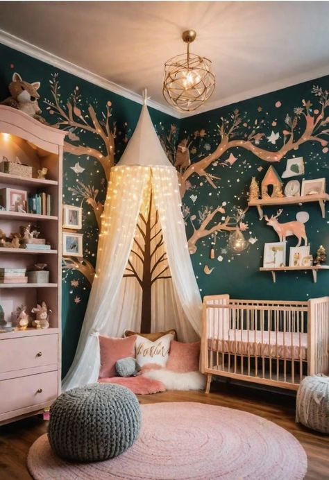 Japanese Nursery, Forest Nursery Theme, Enchanted Forest Nursery, Girl Nursery Themes, Baby Room Themes, Toddler Girl Room, Tree Mural, Nursery Room Design